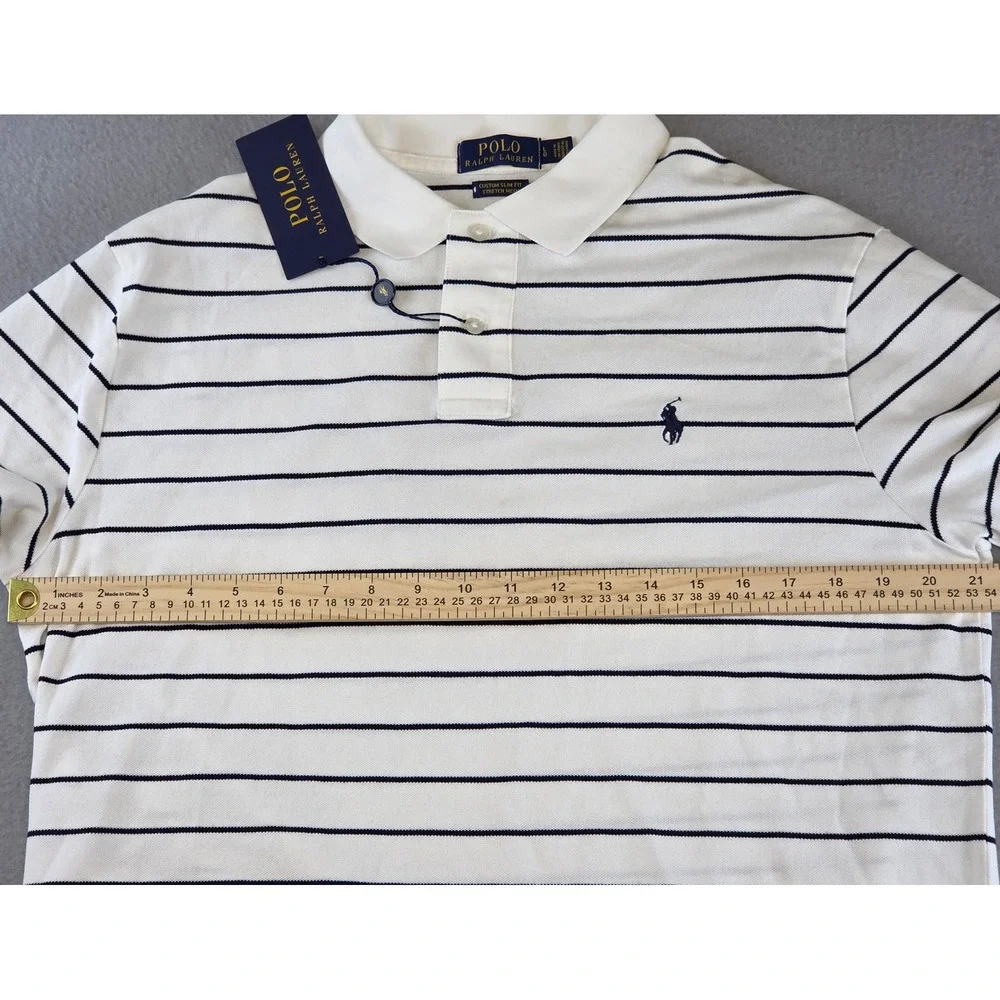 New Polo Ralph Lauren Men's Custom Slim Fit Striped Polo Shirt Navy White Large